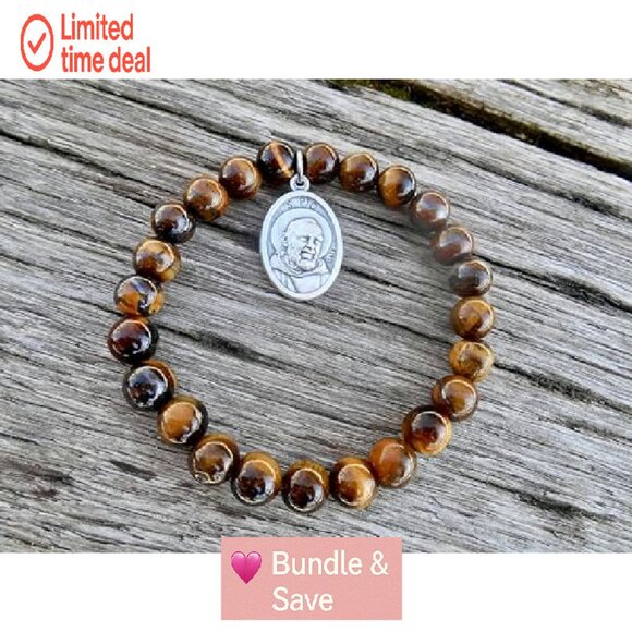 Stretch Tiger Eye Saint Pio Healing Bracelet Size Medium 7 Inch - Picture 7 of 8